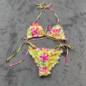 Relleciga Bikini Set Womens Small Floral Yellow Pink Ruffle Swimsuit Swimwear